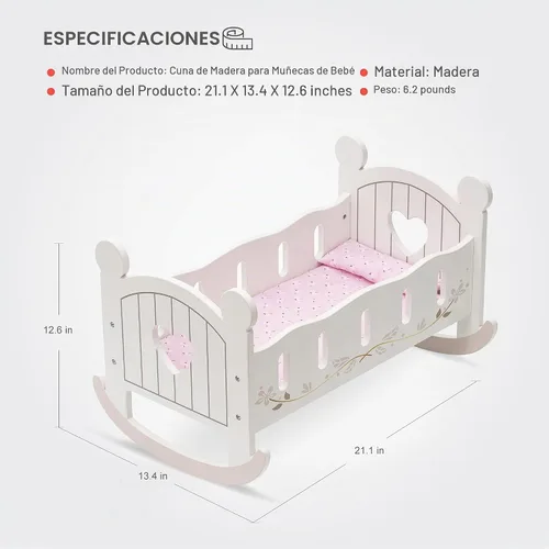 Vista 2 de Cuna de Muñecas de Madera ROBOTIME, Cuna de Muñecas con Balancín, Ropa de Cama Reversible para Niñas, Para Muñecas de Hasta 20 Pulgadas (Blanco)