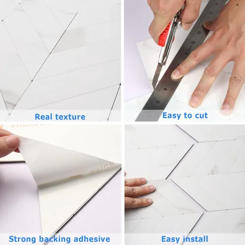 Vista 4 de STICKGOO 1 hoja de azulejos de espiga para despegar y pegar, PVC de mármol blanco para salpicaderos, azulejos de pared autoadhesivos para cocina