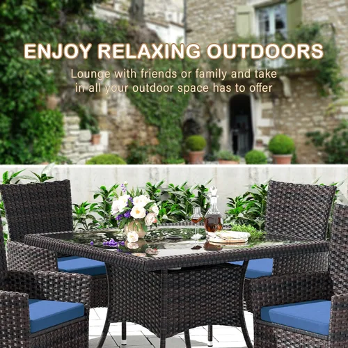 Vista 4 de Juego de 10 piezas de comedor para patio al aire libre, mesa de patio y sillas de ratán con agujero para paraguas, juego de mesa de comedor para 8