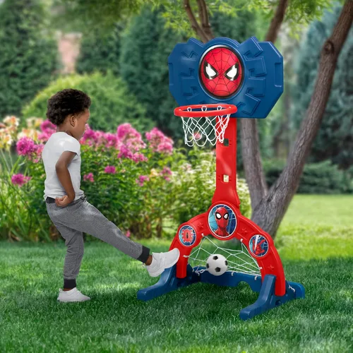 Vista 3 de Delta Children Marvel Spider Man Centro Deportivo 4 en 1 – Aro de Baloncesto Ajustable Easy Score, Red de Fútbol/Hockey y Juego de Golf, Rojo/Azul