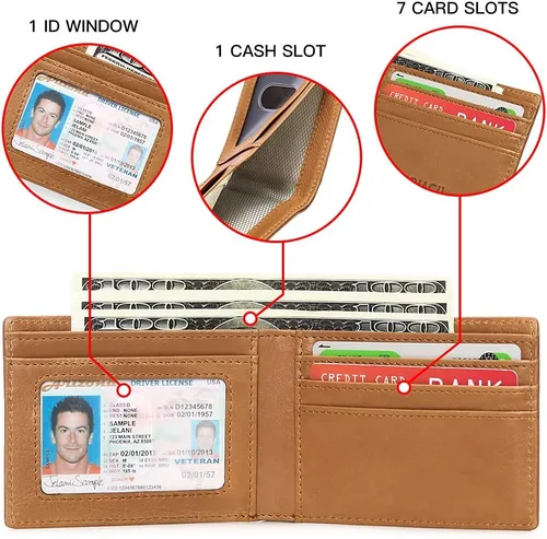 Vista 2 de FALAN MULE Billetera para hombre delgada con bloqueo RFID y bolsillo frontal plegable de cuero para hombres, AB_Caqui, Moda