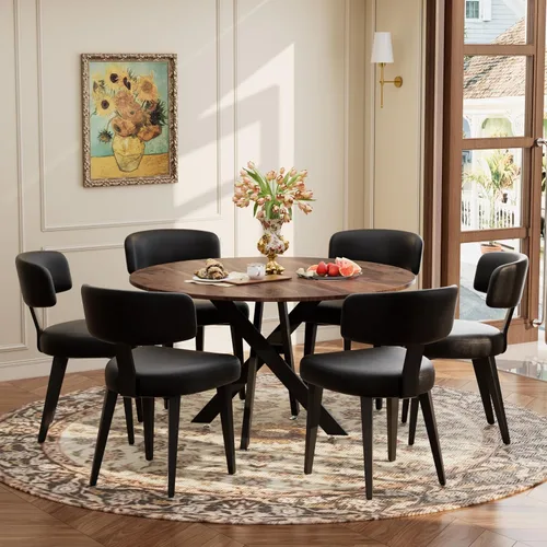 Vista 31 de Juego de mesa de comedor de madera para 2, mesa de cocina redonda de 36 pulgadas con 2 sillas de comedor Boucle, mesa de MDF con patas de metal