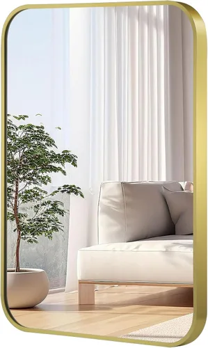 Vista 18 de Espejo de baño de níquel cepillado de 16 x 24 pulgadas, espejo rectangular enmarcado con esquina redondeada, espejo cepillado, espejo de baño