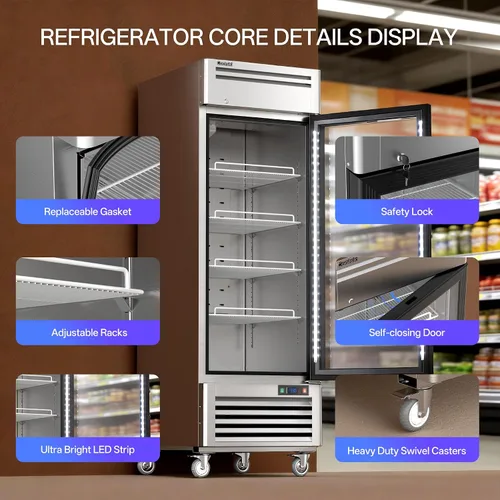 Vista 5 de Coolski Refrigerador comercial de puerta de vidrio de 1 puerta, comercializador de pantalla de acero inoxidable con luz LED para uso comercial