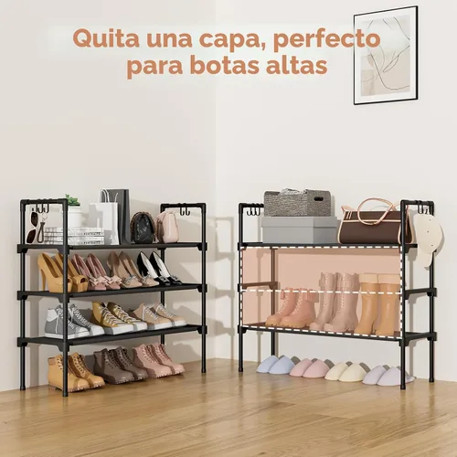 Vista 6 de LANTEFUL Zapatero de 3 niveles para armario, organizador de zapatos con 5 ganchos, estante largo para zapatos deportivos y botas, estante apilable