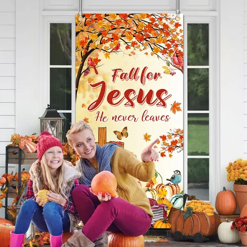 Vista 2 de YE - Cubierta de puerta con texto en inglés "Fall for Jesus He Never Leed", decoración de puerta de religión cristiana de calabaza para otoño