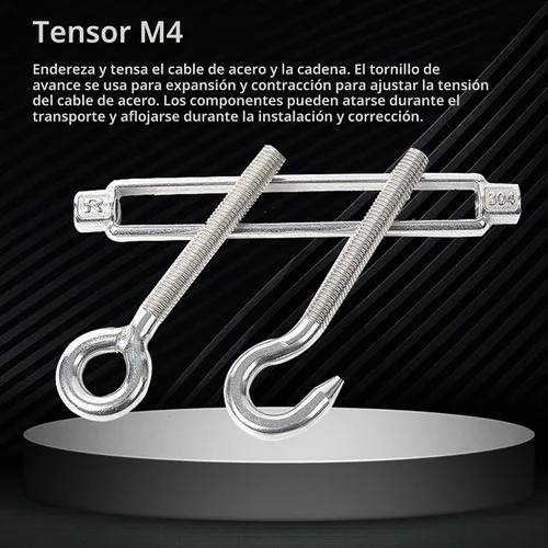 Vista 5 de M4, Tensor de cable de acero, gancho y ojo, acero inoxidable 304, paquete de 5