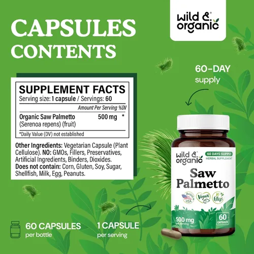 Vista 3 de Wild & Organic Cápsulas Saw Palmetto de 500 mg - Soporte del tracto urinario para hombres y mujeres - Suplemento en polvo de palma enana pura