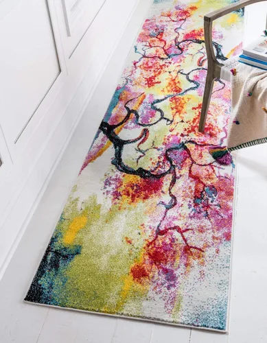 Vista 11 de Unique Loom colección Lyon - Alfombra abstracta y moderna, Polipropileno, Marfil / Rosa