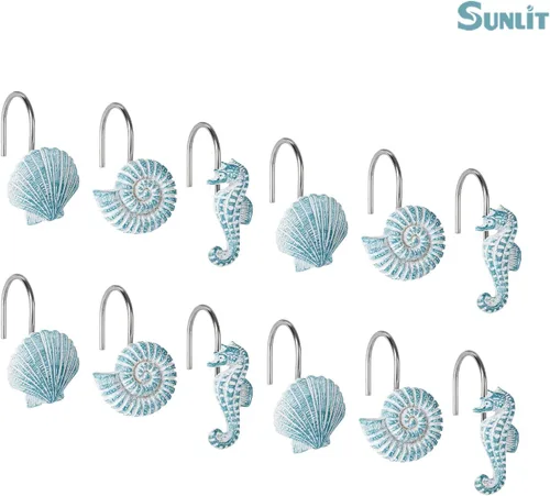 Vista 2 de Sunlit - 12 piezas de ganchos para cortina de ducha azul agua resina, diseño costero de criaturas oceánicas, decoración náutica para baño