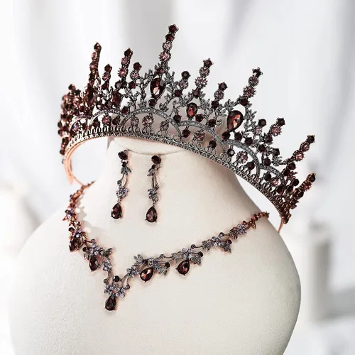 Vista 7 de SWEETV Corona de boda barroca para novia, paquete de 3 aretes de tiara, juego de joyería de novia, fiesta de disfraces de cristal, joyería