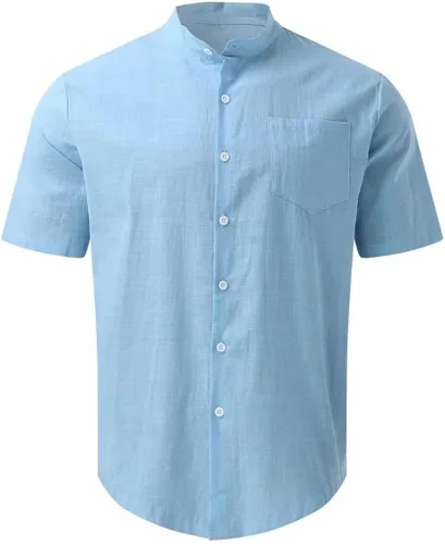 Vista 2 de Camisas de lino de algodón con cuello de banda, camisas casuales de manga corta con botones, ajuste delgado, para verano, playa, con bolsillo