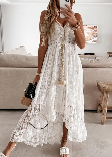 Vista 4 de Vestido de verano para mujer cuello en V tirantes delgados sin mangas cintura alta bohemio boda playa vestidos largos