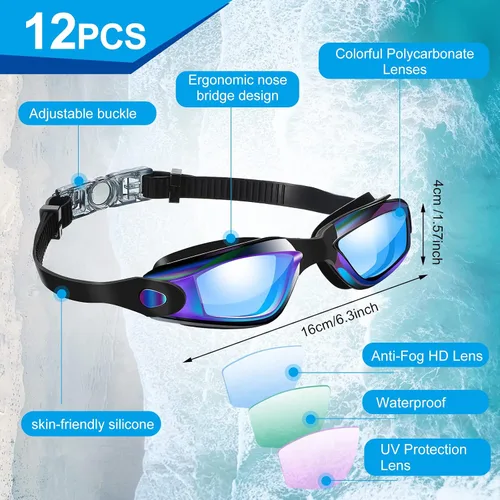 Vista 2 de Flutesan 12 gafas de natación para adultos, para hombres, mujeres, jóvenes, sin fugas, protección completa contra los rayos UV