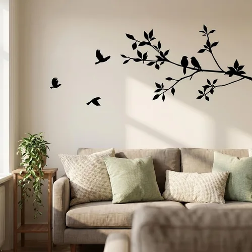 Vista 5 de Vinilo decorativo para pared con dibujo de aves volando y ramas de árboles Negro