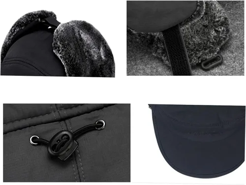 Vista 6 de Sombrero de cazador para clima frío con solapa para el oído de piel sintética de Ushanka ruso sombrero de caza para hombres mujeres