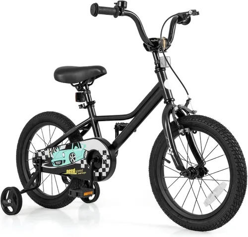 Vista 15 de BABY JOY Bicicleta para niños, 12, 14, 16, 18 pulgadas, bicicleta deportiva con ruedas de entrenamiento extraíbles, frenos de mano y posavasos