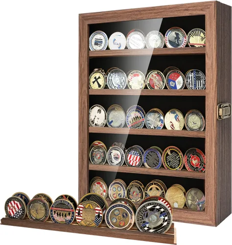 Vista 7 de ASmileIndeep - Expositor de monedas de desafío militar con estuche de vidrio templado HD y montaje en pared, soporte de monedas de madera