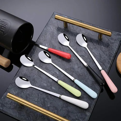 Vista 7 de 3 cucharas de mezcla para café, postre, helado, batido, cucharadita de acero inoxidable con mango de cerámica, cucharadas de café expreso, cucharas