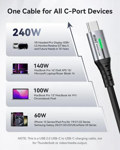 Vista 4 de INIU Cable USB C a USB C, cable de carga rápida de 240 W, cable de carga tipo C trenzado, cable de carga de teléfono USBC para iPhone 17, 16 Pro