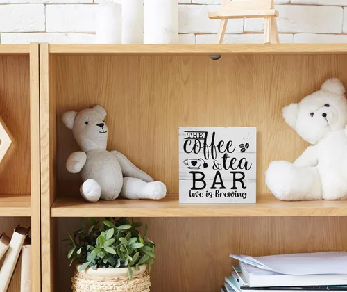 Vista 4 de Letrero de madera con texto en inglés «The Coffee and Tea Bar Love is Brewing», decoración de escritorio de madera rústica para el hogar, cocina