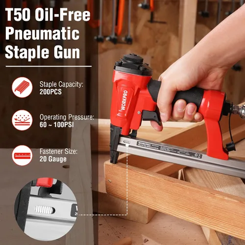 Vista 2 de WORKPRO - Pistola de grapas neumática de calibre 20, grapadora T50 sin aceite para tapicería con 1260 piezas de grapas de 1/4" a 5/8", cargador
