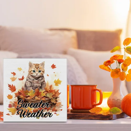 Vista 5 de Decoración de otoño para el hogar, decoración de otoño, suéter de madera, letrero de madera de arce y gato, decoración interior para escritorio