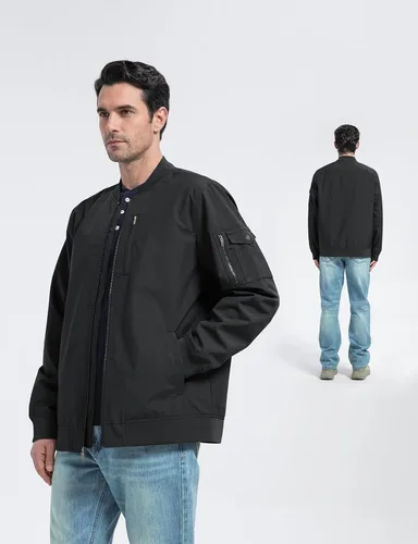 Vista 2 de Chaqueta bomber para hombre: cuello alto rompevientos impermeable ligero con múltiples bolsillos