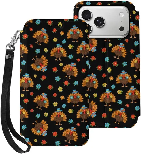 Vista 11 de SWEET TANG Compatible with iPhone 17 Pro Wallet Case Women PU Leather Shockproof Protective Folio Flip Cover (Cute Thanksgiving Turkey Maple Leaf)