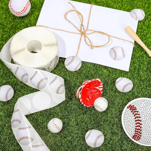 Vista 3 de Whaline 1000 calcomanías de béisbol, rollo de pelota deportiva, calcomanías de papel autoadhesivas redondas decorativas para cumpleaños, escuela