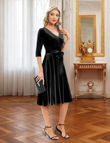 Vista 4 de Bbonlinedress Vestido de té vintage casual para mujer, vestido de cóctel, graduación, vestido de iglesia, cuello en V, mangas 34