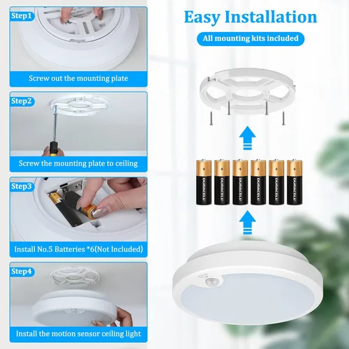 Vista 6 de Paquete de 2 luces LED de techo con sensor de movimiento a pilas, lámpara de techo empotrada de 7.2 pulgadas, 6000K, lámpara de techo inalámbrica