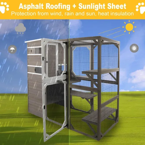 Vista 6 de Gowoodhut Catio grandes recintos para exteriores – Casa de madera para gatos resistente a la intemperie con múltiples plataformas y techo resistente
