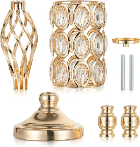 Vista 9 de Jarrón de metal dorado, 10 jarrones de trompeta altos para centros de mesa con cuentas de cristal, jarrón de boda para mesas, decoración del hogar