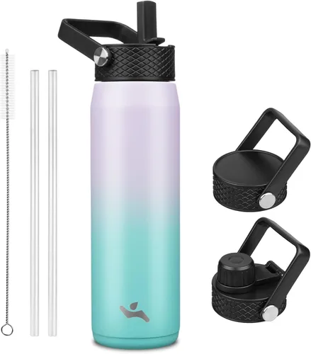 Vista 45 de Konokyo - Botella de agua aislada de 18 onzas, botellas deportivas de acero inoxidable con 3 tapas, verde militar
