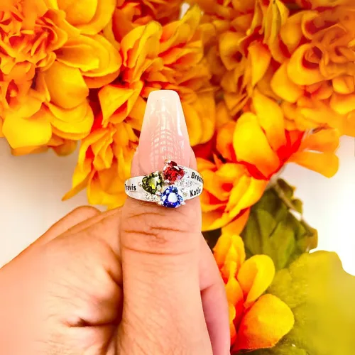 Vista 6 de La madre de los anillos con piedras de la fortuna, elija 3 piedras de la fortuna, 3 nombres y 1grabado personalizado