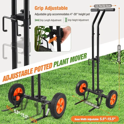 Vista 4 de Carrito de plantas con ruedas, carrito de plantas resistente con brazo de agarre ajustable y ventosas para macetas, carrito de mudanza de macetas
