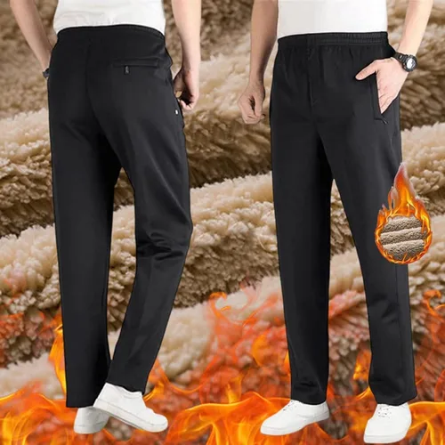 Vista 3 de Pantalones deportivos casuales de forro polar con forro polar térmico para hombre, pantalones deportivos cálidos de invierno, pantalones deportivos