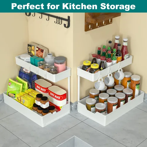 Vista 3 de IRONBOX Organizador para debajo del fregadero, paquete de 2 organizadores de baño extraíbles en forma de L, estante deslizante para almacenamiento
