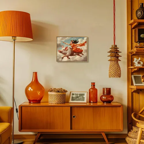 Vista 4 de Arte de pared de mujer victoriana, clásico ecléctico antiguo, impresiones divertidas de cerdo, lienzo retro surrealista, arte de pared de animales