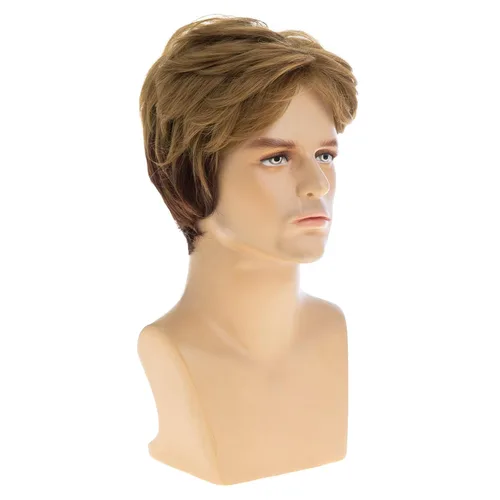 Vista 3 de Peluca marrón corta en capas para hombres, peluca sintética resistente al calor Cosplay pelo Café combinado