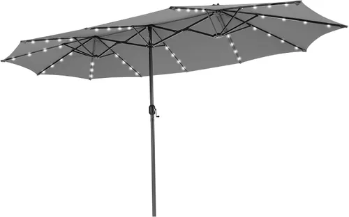 Vista 10 de Tangkula Sombrilla solar de patio de 13 pies, sombrilla de doble cara extra grande para mesa de mercado al aire libre con 36 luces LED, mango
