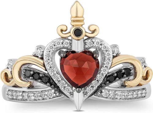Vista 2 de Enchanted Disney Fine Jewelry 10K Yellow Gold and Sterling Silver with 15 Cttw Diamond and Red Garnet Evil Queen Ring