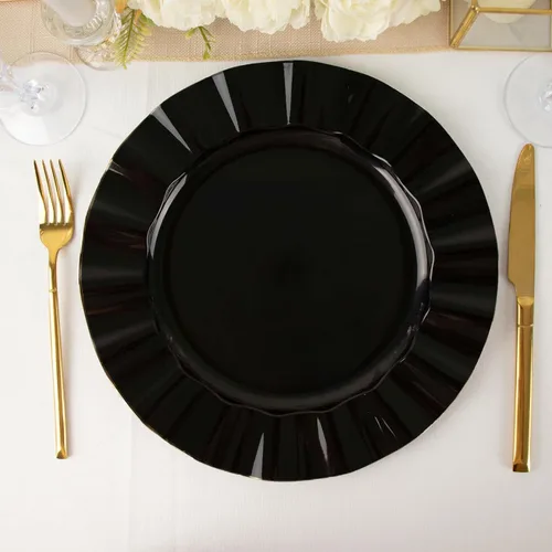 Vista 30 de Tableclothsfactory Paquete de 10 platos redondos de plástico negro de 6 pulgadas para ensalada de postre, platos desechables con borde ondulado