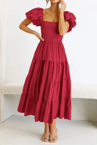 Vista 3 de PRETTYGARDEN Vestido midi casual de verano para mujer, manga corta, cuello cuadrado, fruncido, con volantes