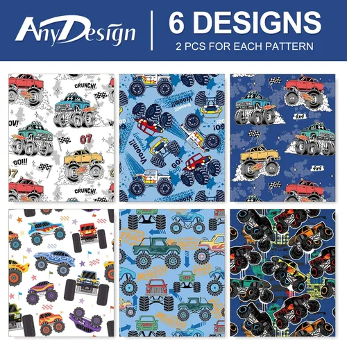 Vista 3 de 12 hojas de papel de regalo para camión, no enrollable, papel de regalo de caricaturas de carreras de autos de carreras, plegado a granel, plano