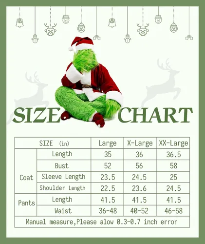Vista 7 de Saiksi Disfraz de monstruo verde para adulto, disfraz de Papá Noel peludo verde navideño para hombre, 9 piezas divertido traje de Papá Noel
