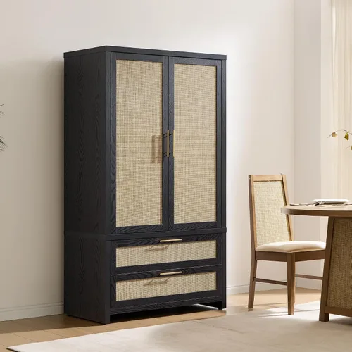Vista 7 de SICOTAS Armario Ropero Gabinete de Ratán, Gabinete de Almacenamiento de 71" con Puertas, 2 Cajones y Barra Colgante, Organizador de Ropa Boho Roble