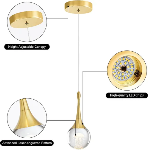 Vista 6 de CHYING Lámpara colgante dorada de cristal LED Iluminación colgante de medusa lágrima luces colgantes mini luces colgantes para isla de cocina, baño