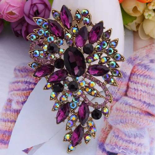 Vista 4 de Broche EVER FAITH para ramo con hojas y flores de cristal austriaco para mujer